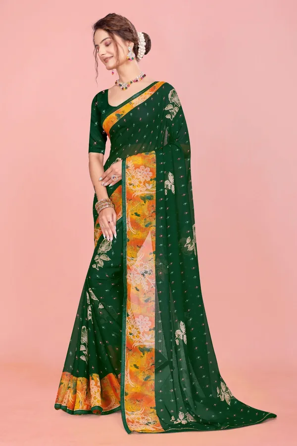 Green_And_Orange_Floral_Print_Saree_With_Embellished_Blouse
