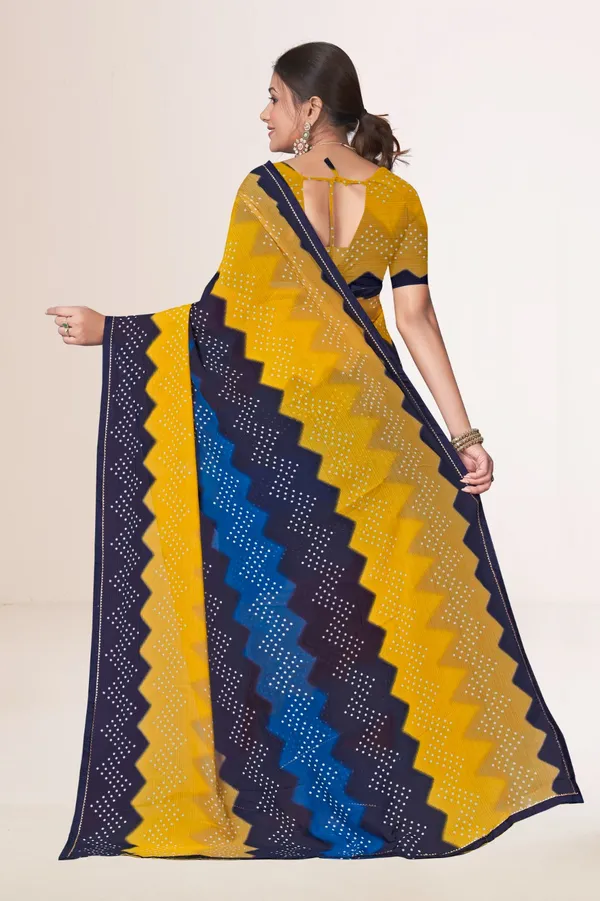 Traditional_Bandhani_Saree_In_Yellow_And_Navy_Blue_With_Tie_Dye_Pattern
