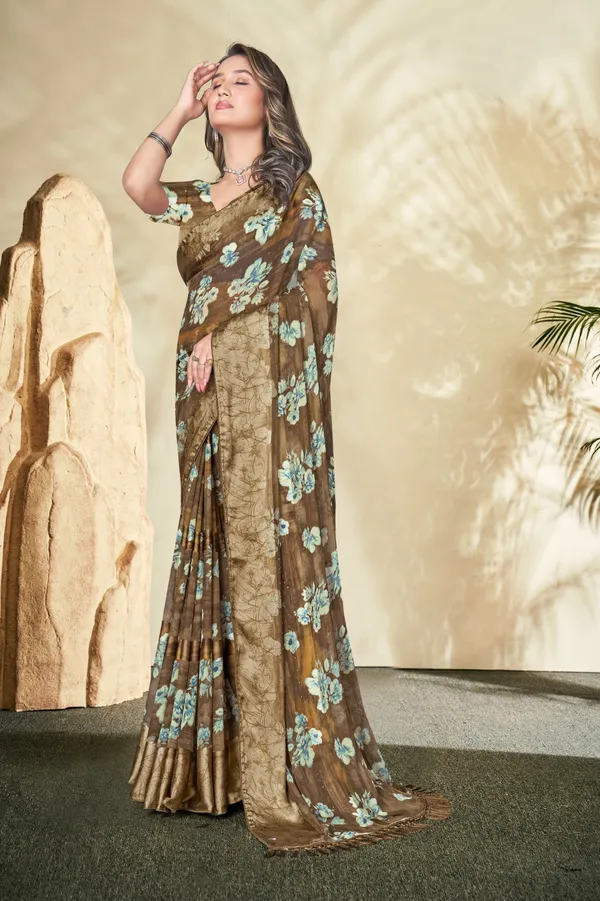 Elegant_Brown_Floral_Embroidered_Organza_Saree_With_Golden_Border