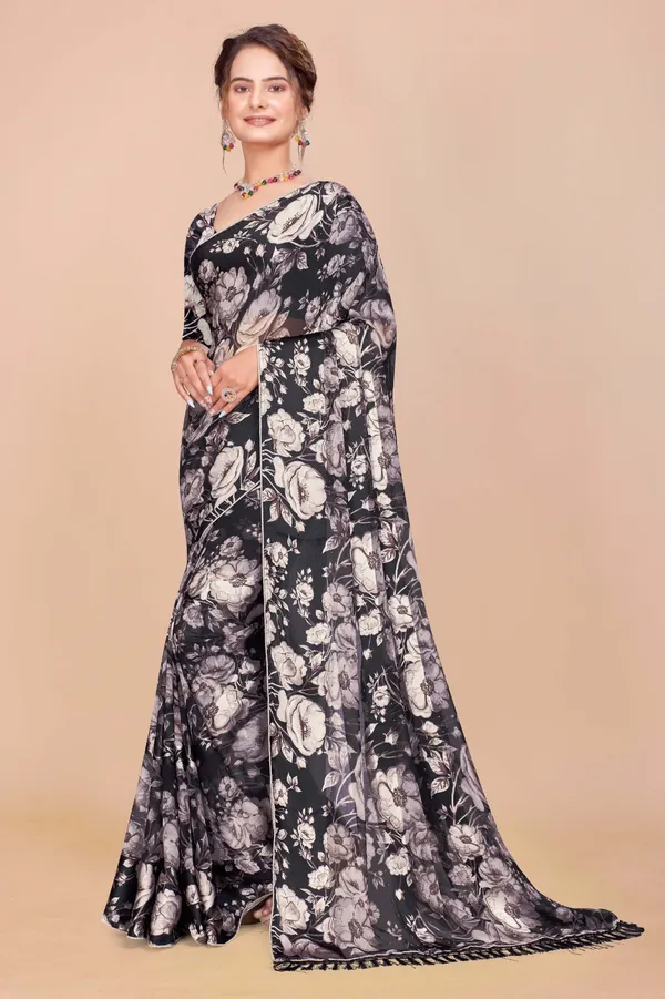 Black_And_White_Floral_Print_Saree_With_Tasseled_Border