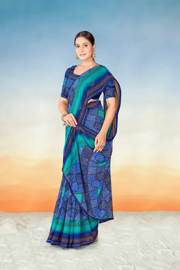 Blue_And_Turquoise_Bandhani_Print_Georgette_Saree_With_Border