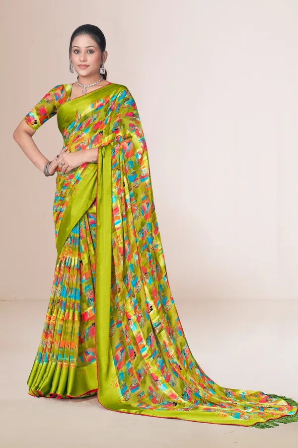Vibrant_Green_Silk_Saree_With_Multicolor_Abstract_Print_And_Tasseled_Border