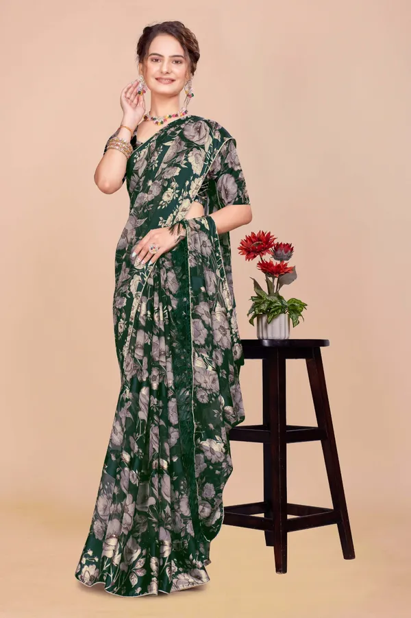 Dark_Green_Floral_Print_Saree_For_Women