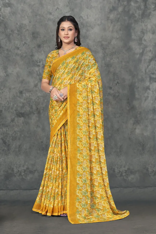 Yellow_Floral_Print_Georgette_Saree_With_Matching_Blouse