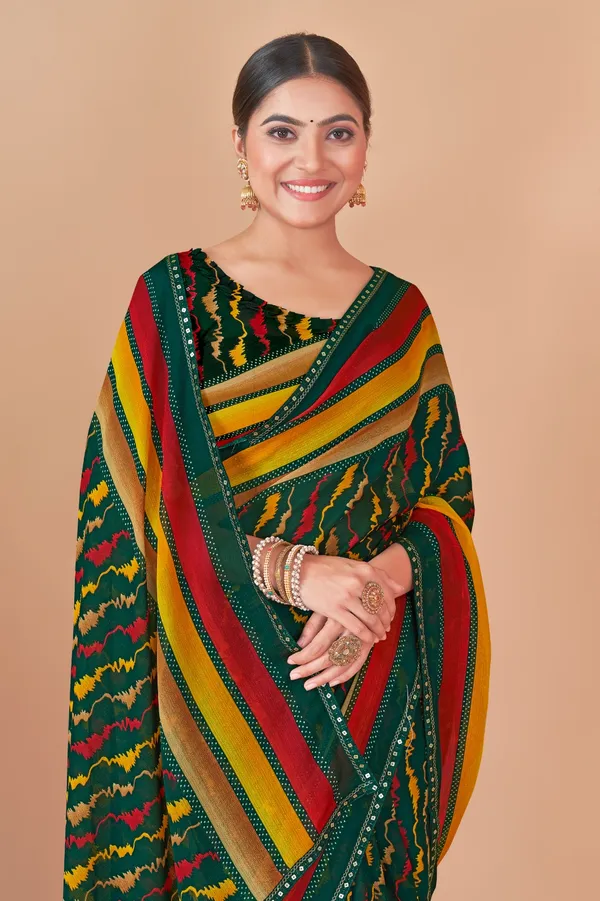 Traditional_Green_Bandhani_Print_Saree_With_Striped_Border