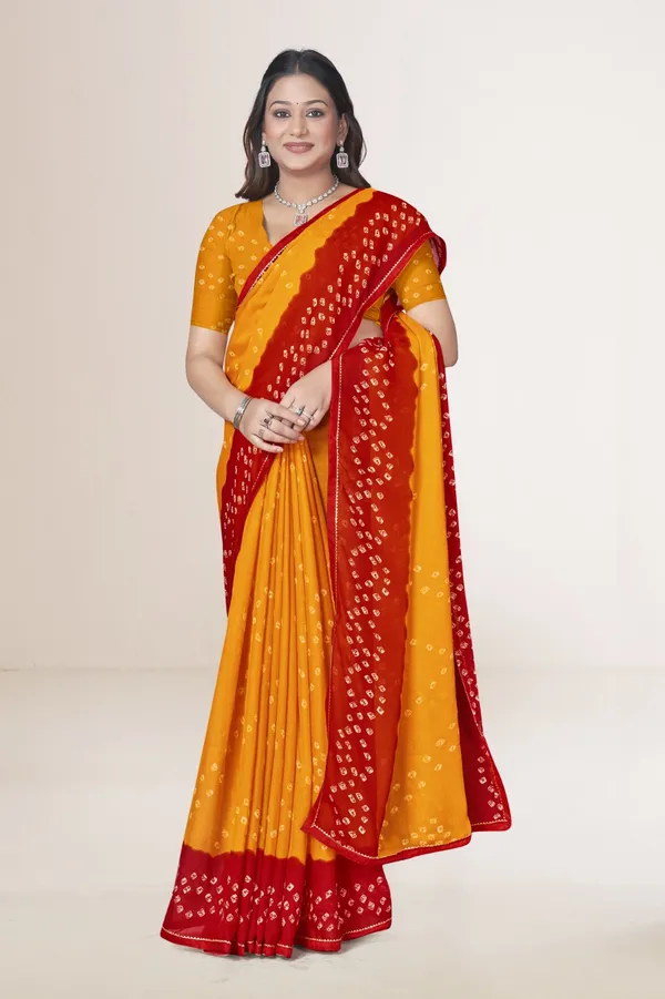 Traditional_Bandhani_Saree_In_Yellow_And_Red_With_Golden_Border