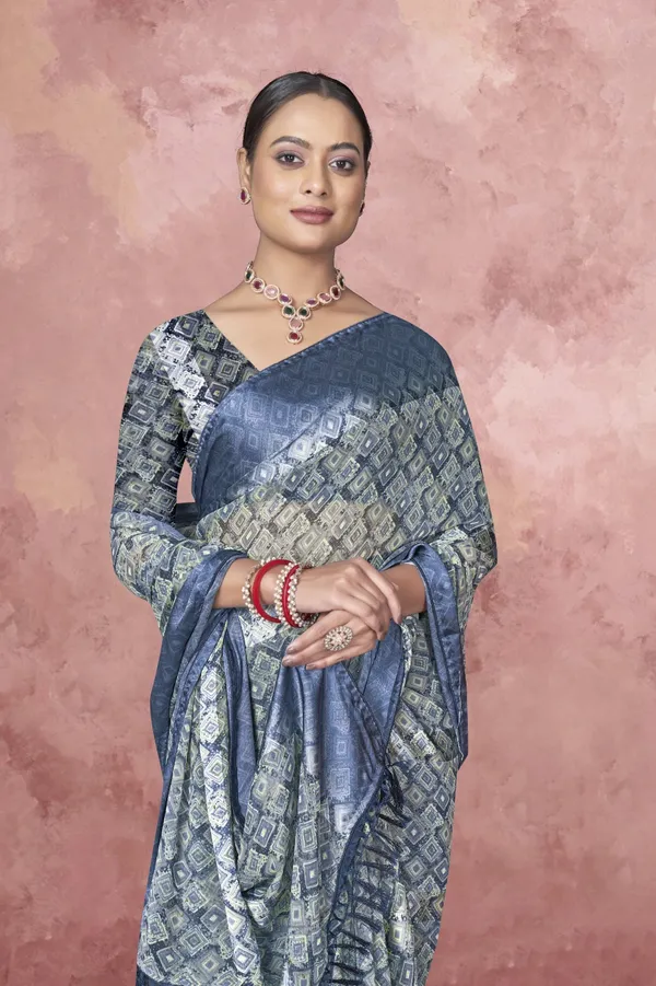 Blue_And_Silver_Printed_Silk_Saree_With_Blouse