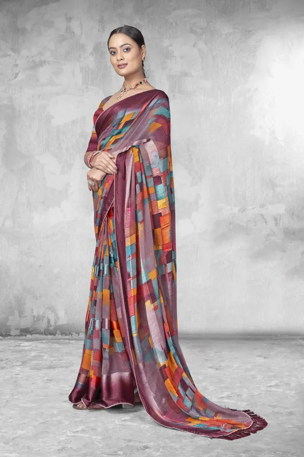 Multicolor_Geometric_Print_Satin_Silk_Saree_With_Maroon_Border