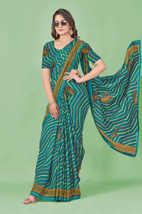 Teal_Green_Leheriya_Print_Georgette_Saree_With_Floral_Embroidery_And_Golden_Border