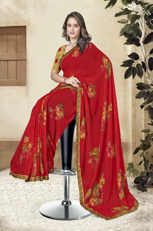 Red_Floral_Embroidered_Saree_With_Golden_Border_And_Blouse