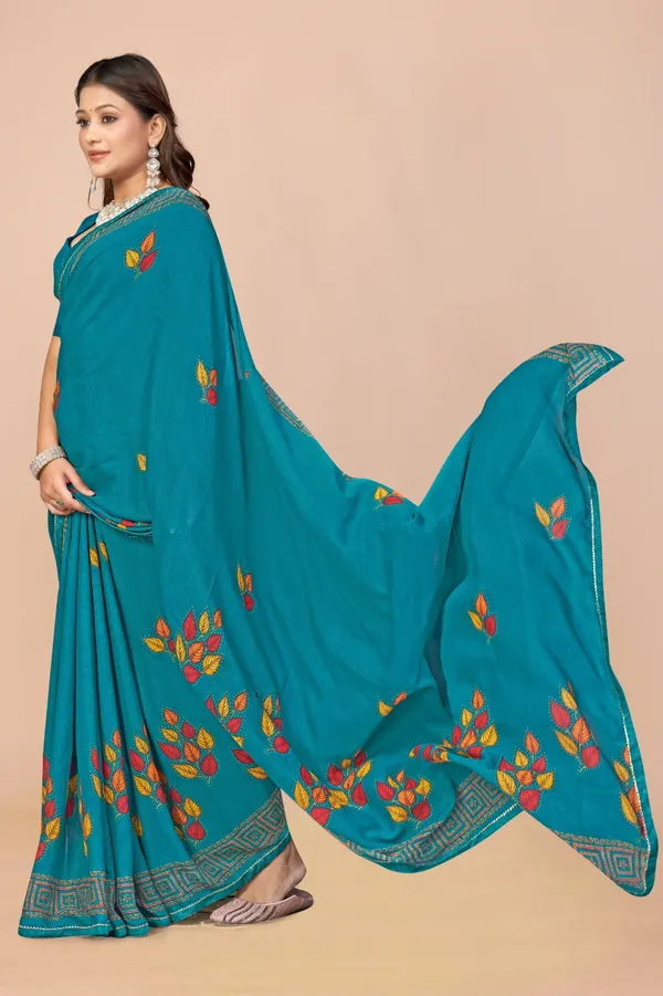 Teal_Blue_Embroidered_Floral_Saree_With_Geometric_Border