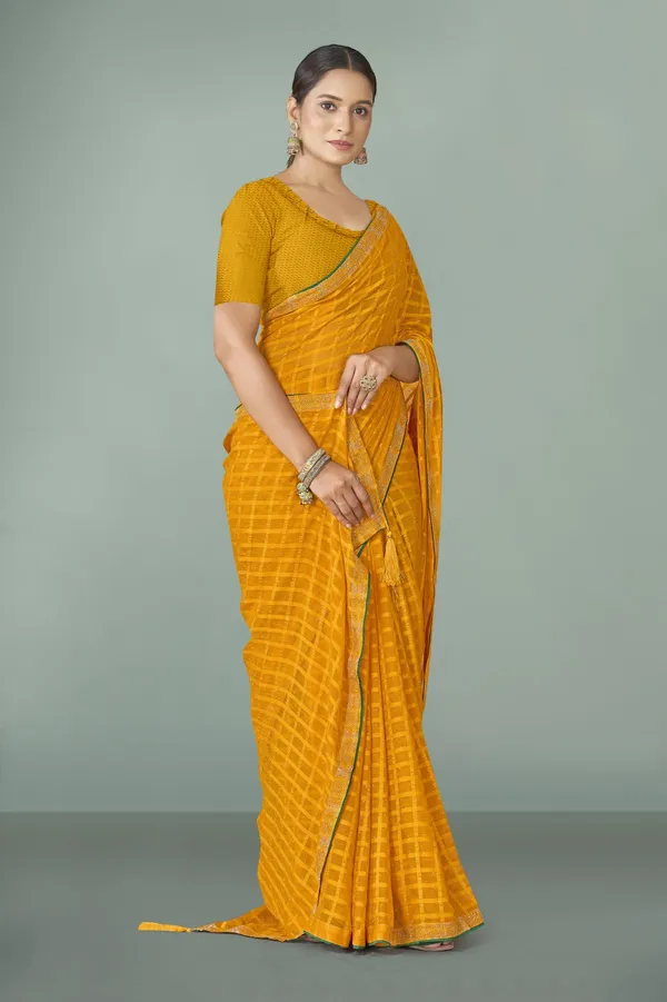 Mustard_Yellow_Checkered_Chiffon_Saree_With_Blouse