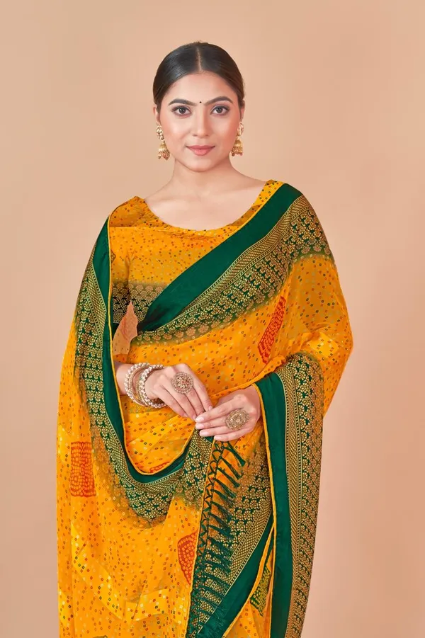 Yellow_And_Green_Bandhani_Print_Saree_With_Embellished_Border