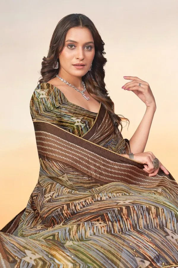Printed_Georgette_Saree_With_Blouse_-_Brown_And_Green_Striped_Pattern