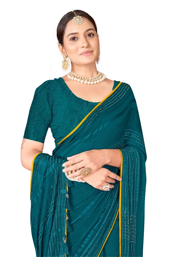 Elegant_Teal_Chiffon_Saree_With_Yellow_Border_And_Embellished_Detailing