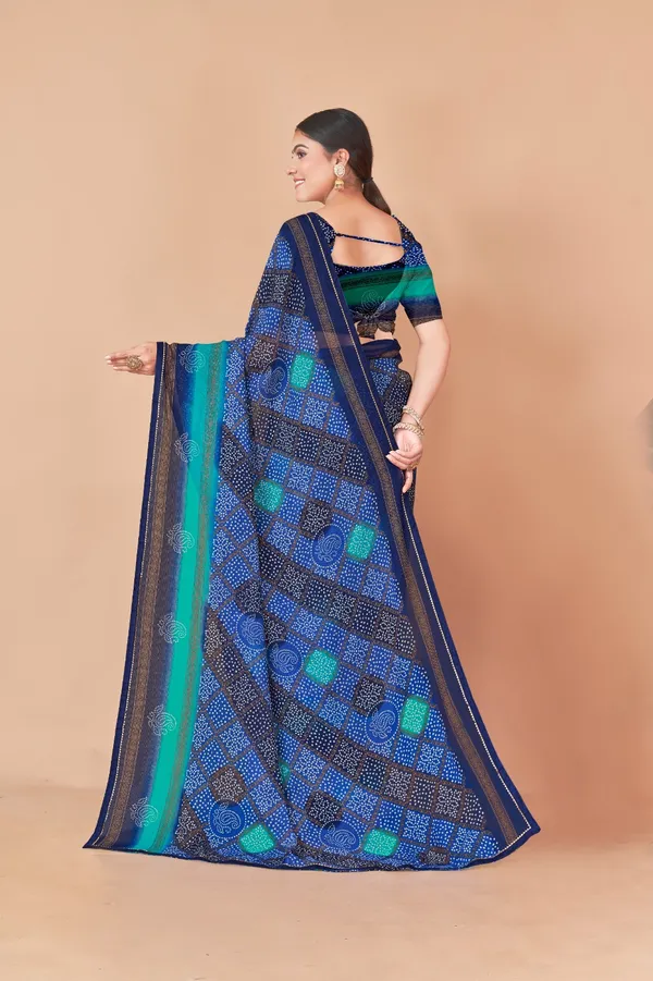 Blue_And_Green_Bandhani_Print_Silk_Saree_With_Striped_Border