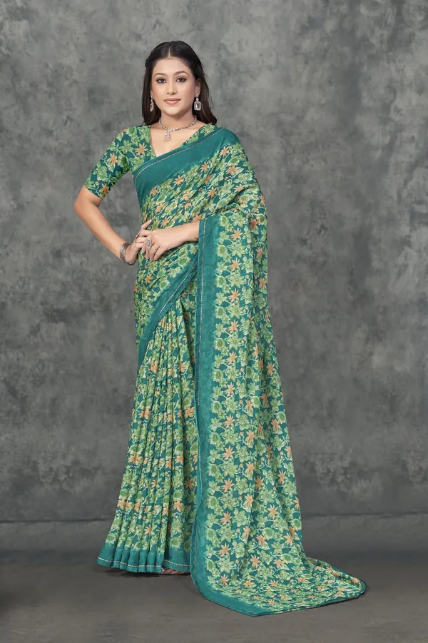 Green_Floral_Print_Georgette_Saree_With_Matching_Blouse