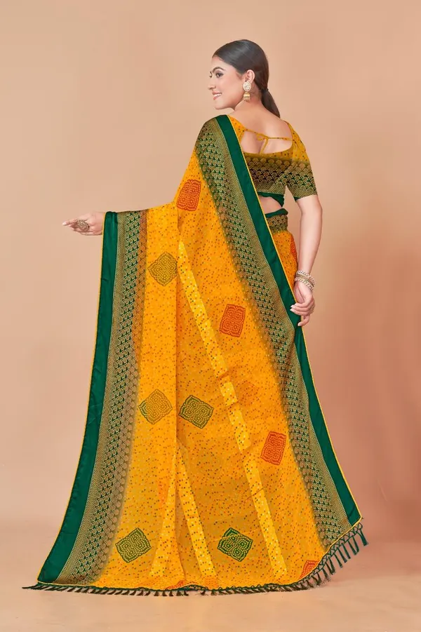 Yellow_And_Green_Bandhani_Print_Saree_With_Embellished_Border