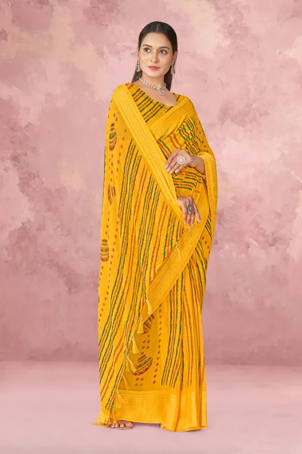 Yellow_Bandhani_Print_Saree_With_Green_Leheriya_Stripes_And_Traditional_Motifs