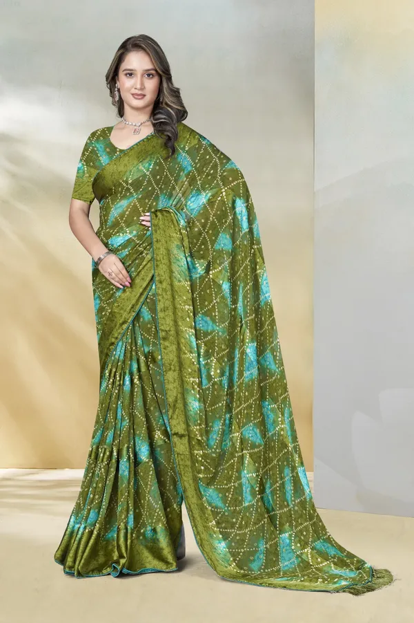 Olive_Green_And_Turquoise_Bandhani_Print_Saree_With_Sequin_Work