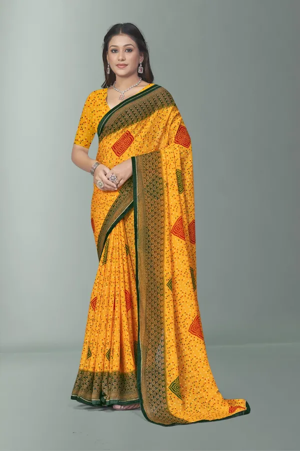 Yellow_Bandhani_Saree_With_Green_Border_And_Patchwork