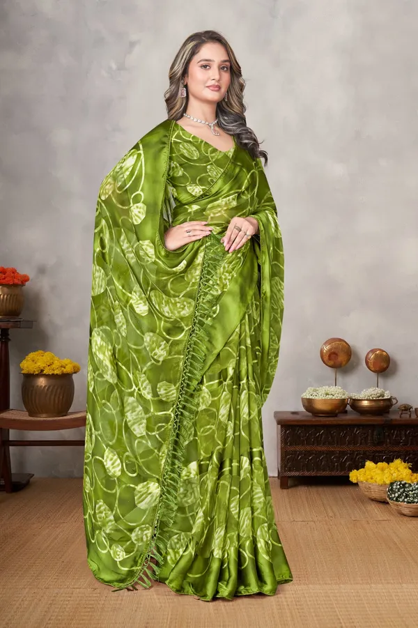 Olive_Green_Satin_Silk_Saree_With_Floral_Print