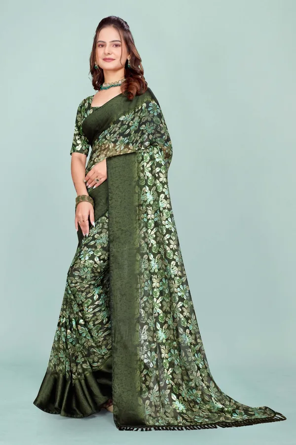 Green_Floral_Print_Saree_With_Matching_Blouse