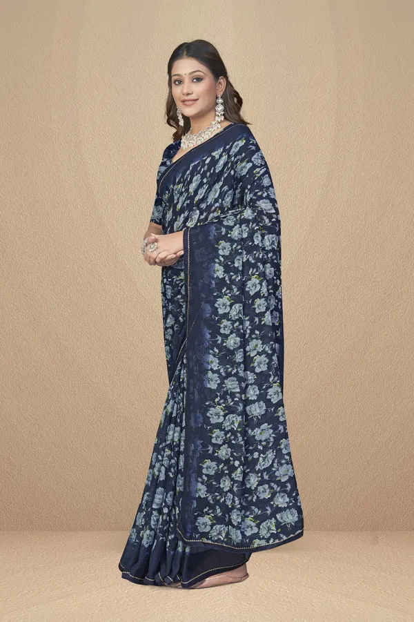 Navy_Blue_Floral_Printed_Saree_With_Matching_Blouse