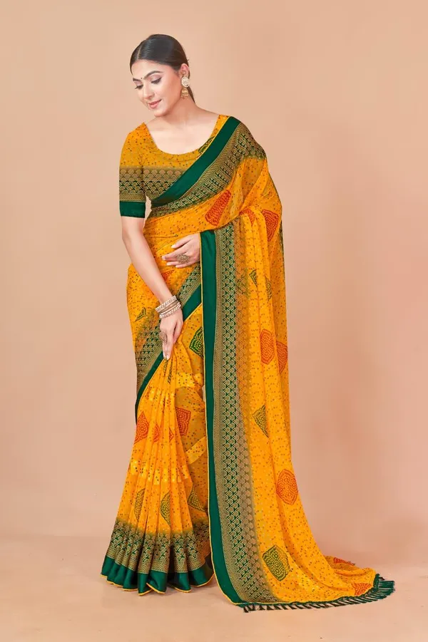 Yellow_And_Green_Bandhani_Print_Saree_With_Embellished_Border