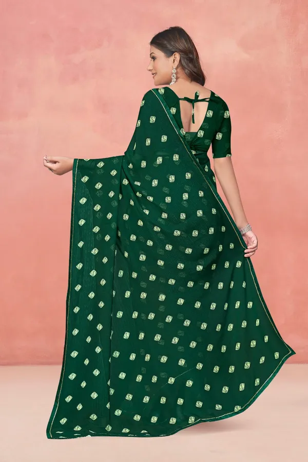 Dark_Green_Georgette_Saree_With_Gold_Zari_Buti_Work