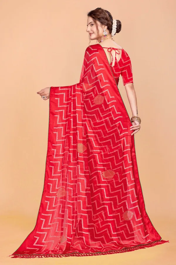 Red_Georgette_Saree_With_Golden_Zigzag_Pattern_And_Sequin_Work