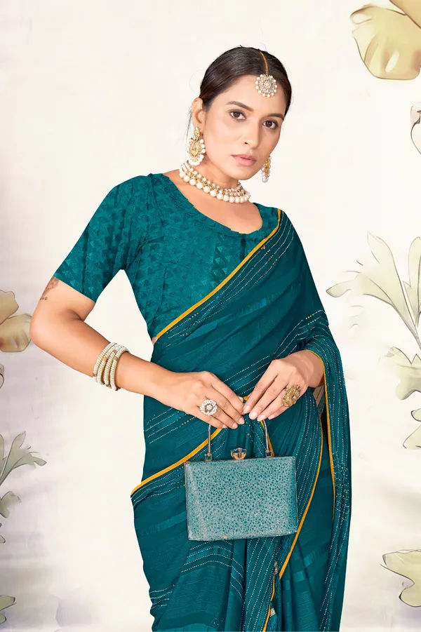 Elegant_Teal_Chiffon_Saree_With_Yellow_Border_And_Embellished_Detailing
