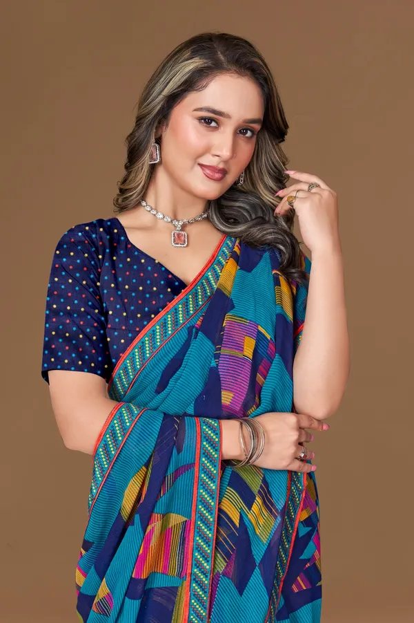 Vibrant_Multicolor_Abstract_Print_Georgette_Saree_With_Navy_Blue_Polka_Dot_Blouse