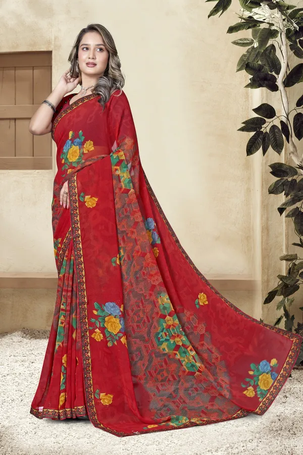 Red_Floral_Printed_Georgette_Saree_With_Embellished_Border