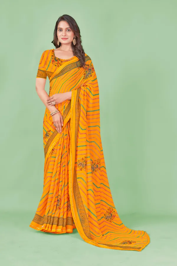 Yellow_Leheriya_Print_Georgette_Saree_With_Floral_Embroidery_And_Border