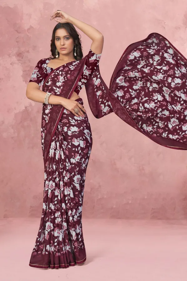 Maroon_Floral_Print_Saree_With_Matching_Blouse