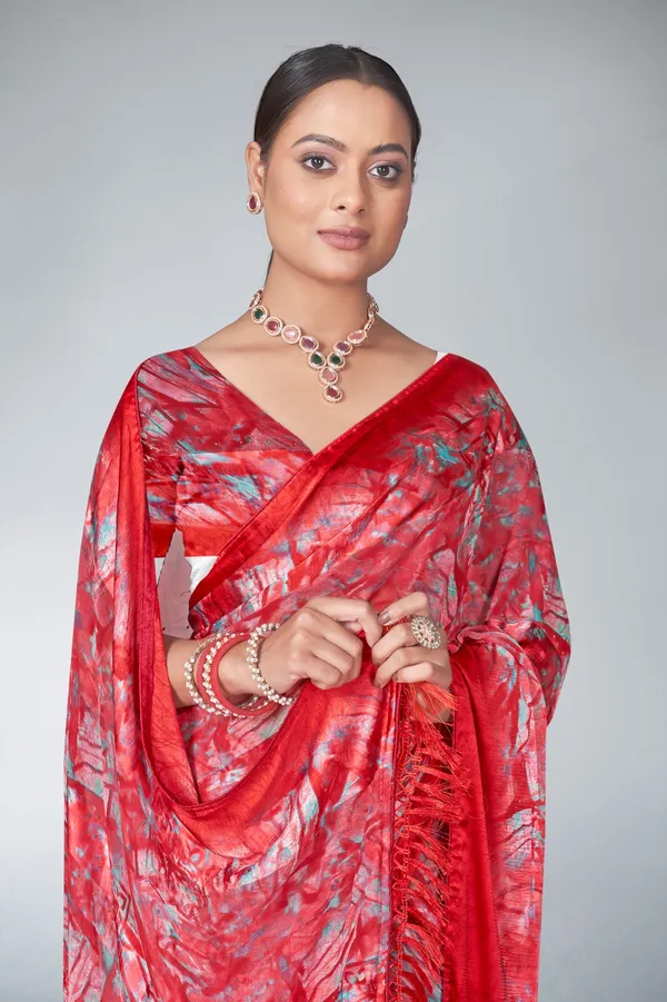 Printed_Red_Silk_Saree_With_Floral_And_Abstract_Design