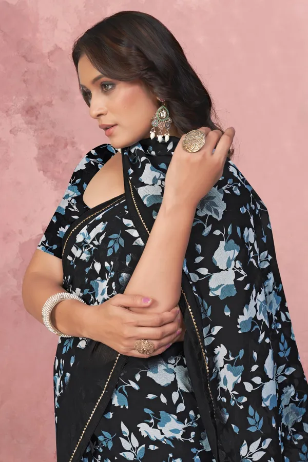 Black_Floral_Print_Ruffle_Saree_With_Blouse