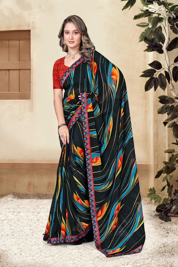 Black_Printed_Saree_With_Colorful_Wave_Pattern_And_Red_Border