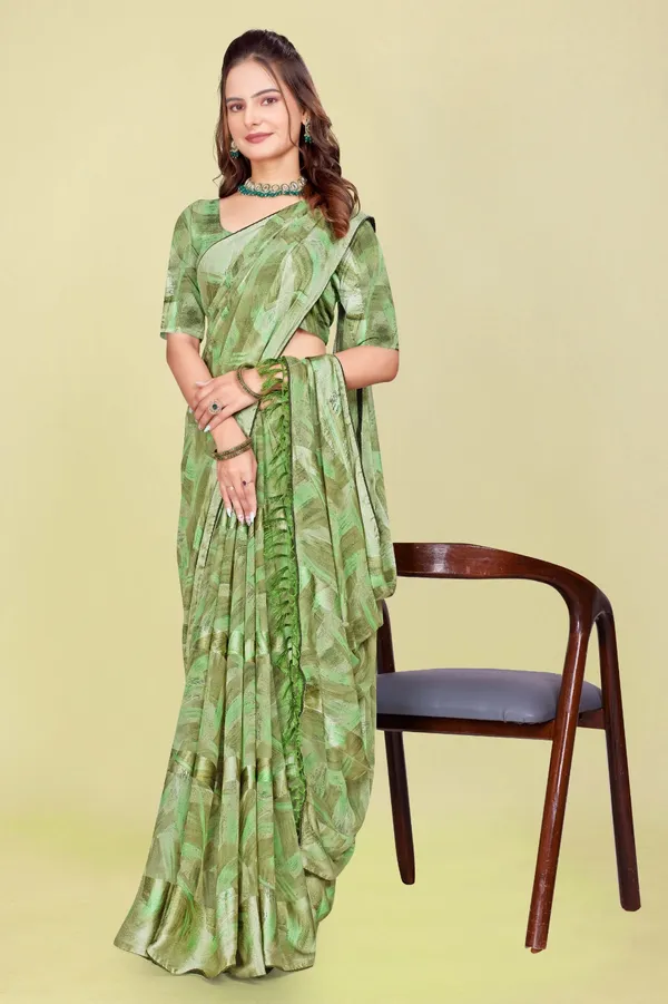 Elegant_Green_Printed_Chiffon_Saree_With_Matching_Blouse