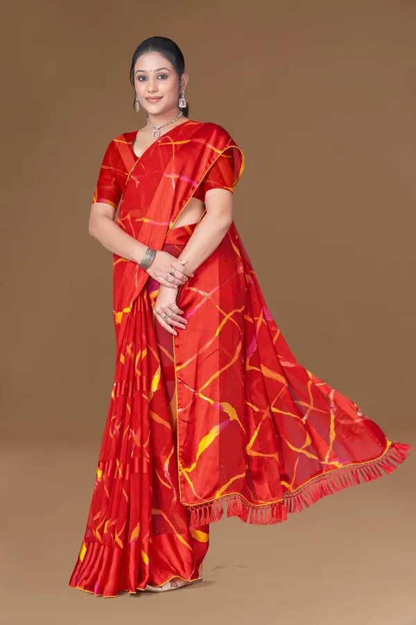 Red_Geometric_Print_Saree_With_Yellow_Accents_And_Tassel_Border