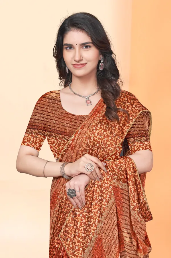 Designer_Orange_Printed_Saree_With_Matching_Blouse