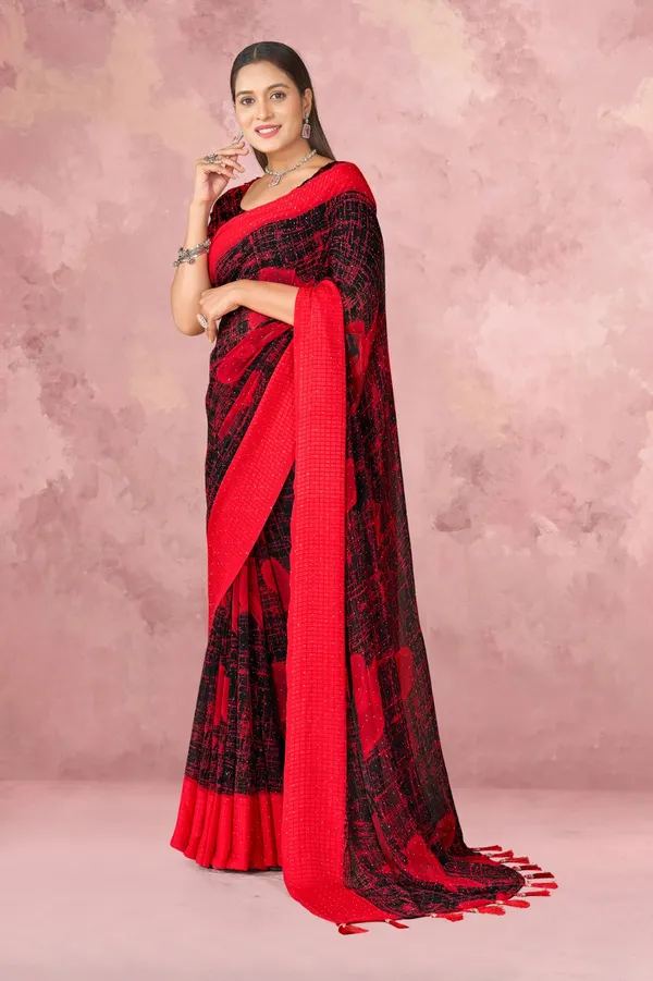 Red_And_Black_Floral_Print_Saree_With_Red_Border