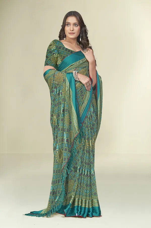 Teal_Green_Printed_Saree_With_Matching_Blouse