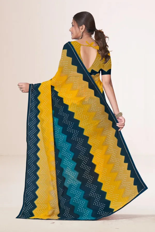 Yellow_And_Teal_Bandhani_Tie_Dye_Saree_With_Blouse_Piece