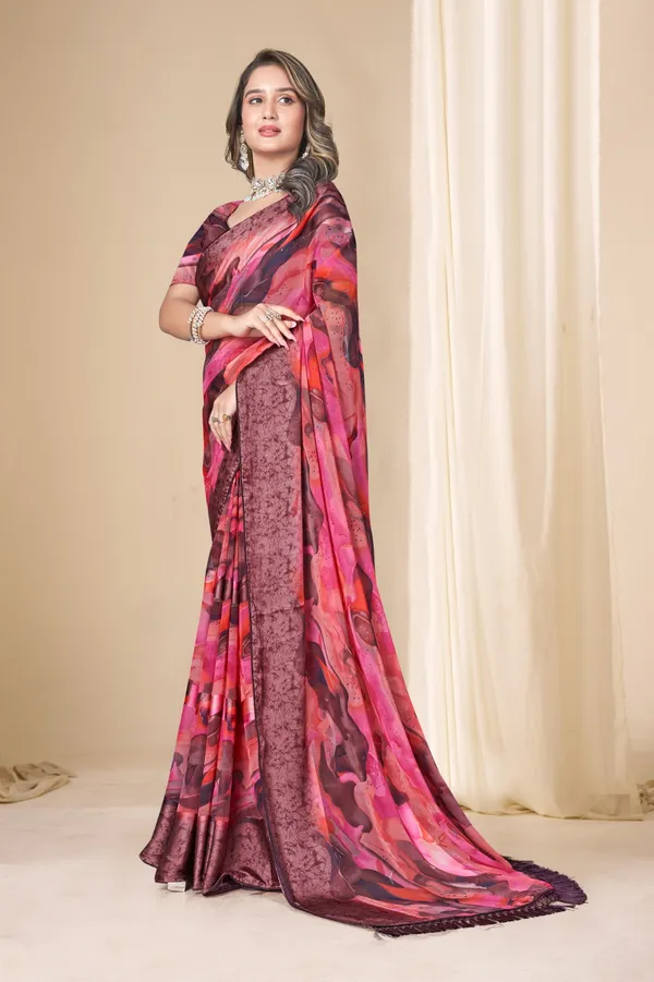 Printed_Georgette_Saree_With_Decorative_Tassels_-_Pink_&_Brown_Floral_Design