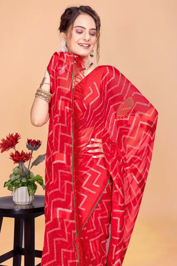 Red_Georgette_Saree_With_Golden_Zigzag_Pattern_And_Sequin_Work