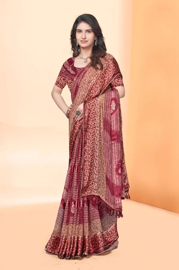Maroon_Bandhani_Print_Linen_Silk_Saree_With_Matching_Blouse