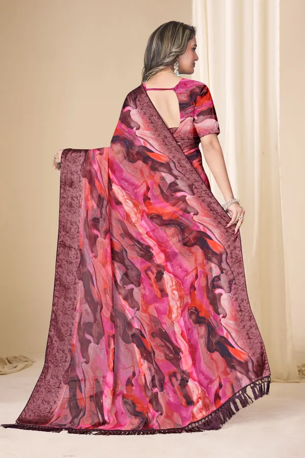 Printed_Georgette_Saree_With_Decorative_Tassels_-_Pink_&_Brown_Floral_Design