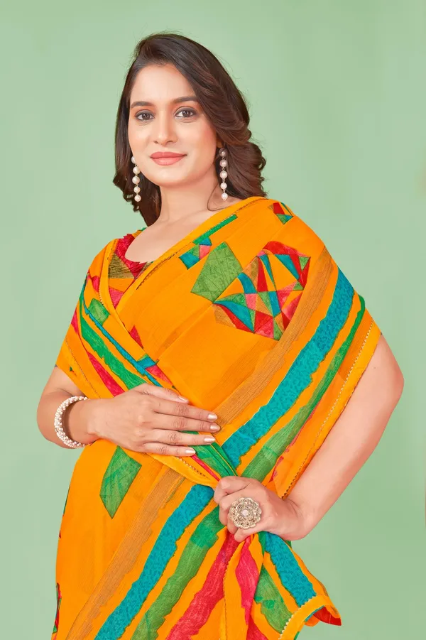 Vibrant_Orange_Saree_With_Geometric_Applique_Work_And_Striped_Border